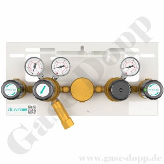 Druckregelstation 2 Eingänge 300 bar - 100 bar fest eingestellt - 1-stufig - halbautomatische Umschaltung - IN 1/4" NPT IG - OUT 1/4" NPT IG - mit Kontaktmanometer - max. 20m³ - Inertgas Sauerstoff - FKM - Messing - GCE DruvaTec MTLSSGX