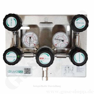 Entspannungsstation - manuelle Umschaltung - 300 bar / 0 - 10 bar regelbar - 1-stufig - 2 Eingänge G 1/2" AG - Ausgang 1/4" NPT IG - Kontaktmanometer + Absperr- + Spülventil im Eingang - EPDM - Messing verchromt 6.0 - GCE Druva MTLMS