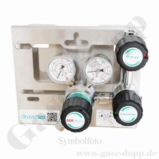 Druckregelstation 1 Eingang 300 bar max. bis 14 bar regelbar - 1-stufig - In M14x1,5  Out 1/4" NPT IG - mit Prozessgasspülung - Kontaktmanometer im Eingang - Messing verchromt 6.0 - GCE Druva MPLH0XSP