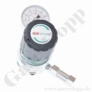 Leitungsdruckminderer bis 50 bar regelbar - Eingang max. 200 bar Links - 1-stufig - IN / OUT 1/4" NPT IG - 6 Port - mit Abblaseventil - nur Ausgangsmanometer - Messing verchromt 6.0 - GCE Druva LPLH0SJ