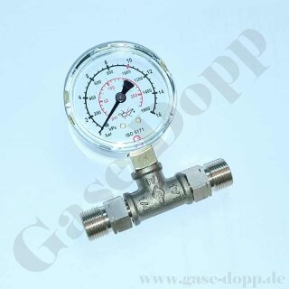 Adapter T-Stück mit 10 bar Manometer - beidseitig G 3/8" LH AG - Propan Prüfmanometer - Messing