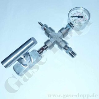 Anschlusskreuz-Stück - 1 x Aussengewinde 1/4" NPT - 1 x 6 mm RST - mit Manometer und Entlastung - mehrteilig gedichtet