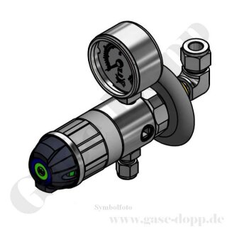 Labor Entnahmedruckminderer für Wandaufbau mit Absperrventil - Messing verchromt - max. 40 bar / 0,1 - 1,5 bar regelbar - Eingang 1/4" NPT IG hinten - Ausgang 6 mm Schlauchtülle unten - GCE DRUVA EMD310001