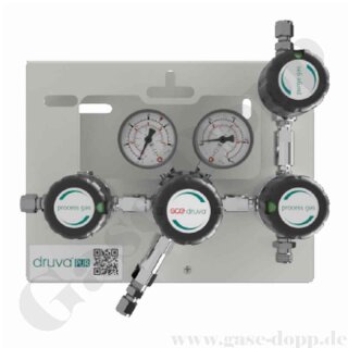 Druckregelstation 1 Eingang 300 bar max. bis 14 bar regelbar - 1-stufig - In M14x1,5  Out 1/4" NPT IG + Absperrventil - mit Prozessgasspülung - Induktivmanometer - Messing verchromt 6.0 - GCE Druva MPLH0XSP