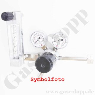 Flaschendruckminderer Helium 200 bar - bis 1 bar regelbar - 2-stufig mit Flowmeter bis 2,0 l/min - IN DIN477-1 Nr. 6 W21,8x1/14" Handanschluss - OUT 1/4" NPT IG - 6 Port - Messing verchromt 6.0 - GCE Druva CPLH0DJ