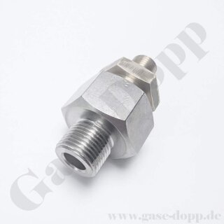 Doppelnippel M19x1,5 LH AG x 1/4" NPT AG - Adapter Prüfgas DIN 477-1 Nr.14 - mehrteilig gedichtet - 200 bar - Messing / Messing vernickelt