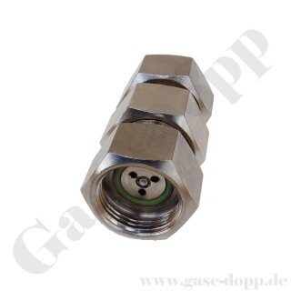 Reduzierung M19x1,5 LH AG x G 3/4" RH IG - mit PIN Eindrücker Restdruck - Adapter Prüfgas / Sauerstoff - DIN 477-1 Nr.14 x DIN 477-1 Nr.9 - 200 bar - mehrteilig gedichtet - Messing vernickelt