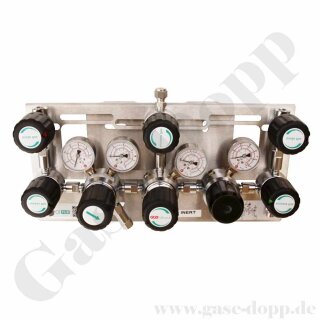 Entspannungsstation - halbautomatische Umschaltung - 200 bar - bis 10 bar regelbar - 2-stufig - 2 Eingänge M14x1,5 AG mit Induktiv Manometer - Ausgang 8 mm KRV Absperrventil - Eigengasspülung - Messing verchromt 6.0 - GCE Druva MPLH0SDPS0