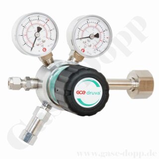 Flaschendruckminderer Argon 300 / 200 bar 1-stufig bis 50 bar regelbar - Anschluss W21,8x1/14" DIN 477-1 Nr.6 - Ausgang 6 mm KRV - Eingangsmanometer bis 415 bar - FKM - Messing verchromt 6.0 - GCE Druva CPLH0SJ