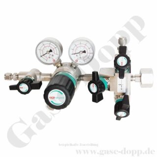 Flaschendruckminderer Kohlenmonoxid CO 200 bar 2-stufig 0,2 bis 2,0 bar regelbar - Anschluss DIN 477 Nr.5 / W 1" LH - Fremdgasspülung + Absperrventil Ausgang 6 mm KRV - 3 m³/h - EPDM - Edelstahl 6.0 - GCE Druva CSLLEDJ